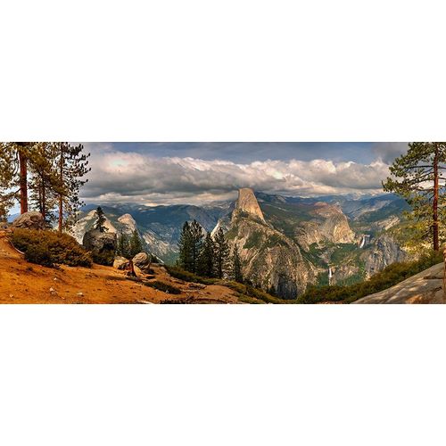 Panoramic view across Yosemite National Park to half dome in California